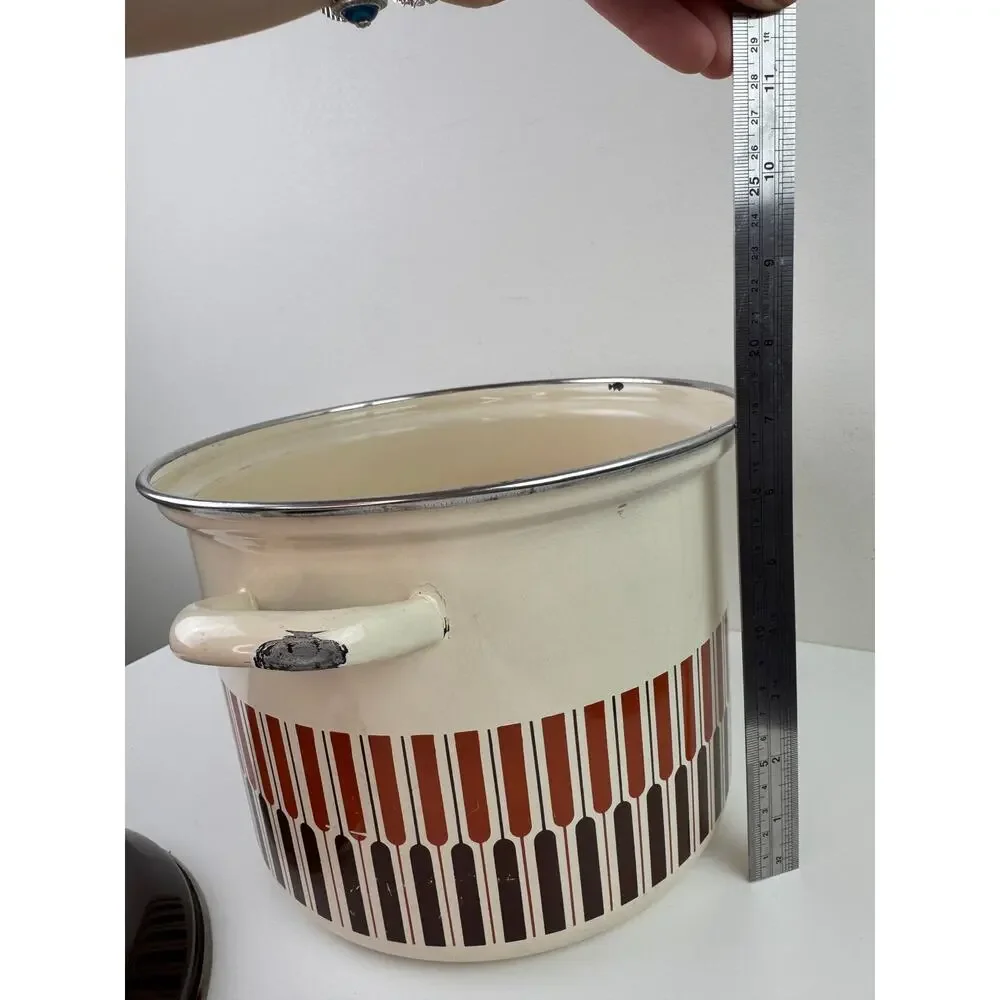 Vintage Moneta MCM Beige Brown Stock Pot 8-Quart Enamel with Lid Made in Italy